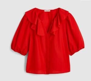 Madewell Ruffled Red Y-Neck Blouse XS